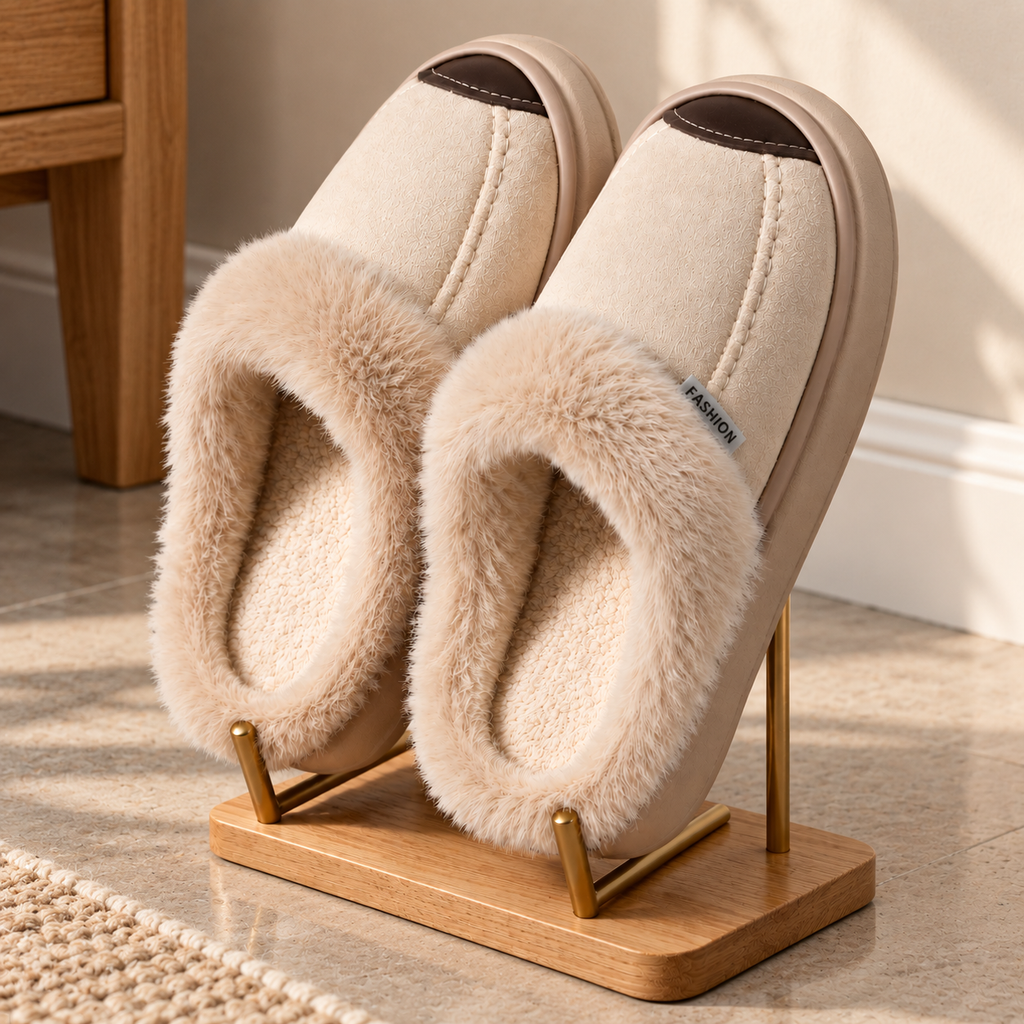 A pair of beige slip-on slippers with fluffy faux-fur trim, displayed on a small wooden stand in a bright indoor setting.