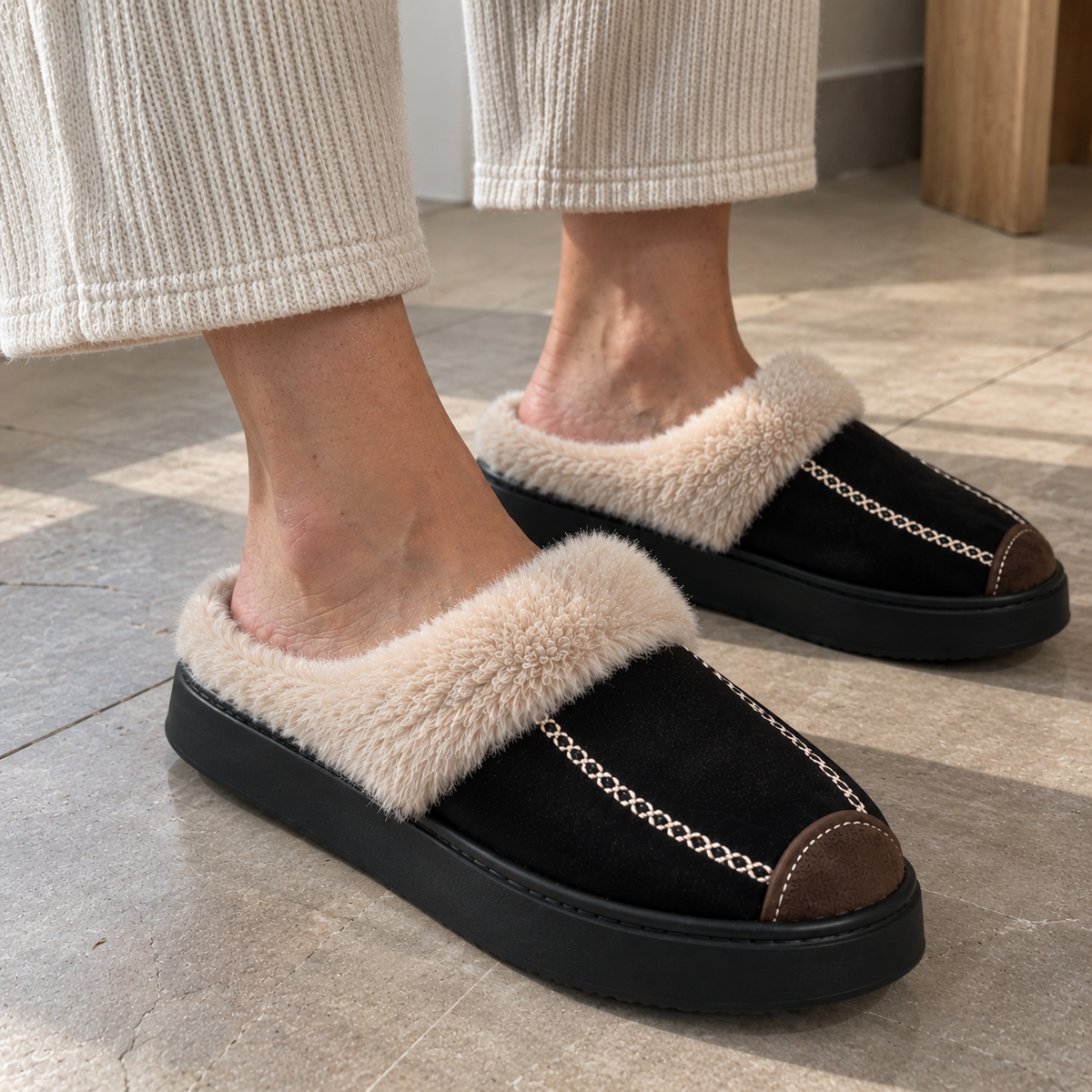 A person wearing black slip-on slippers with fluffy cream faux-fur trim and brown toe accents, standing on a light stone floor.