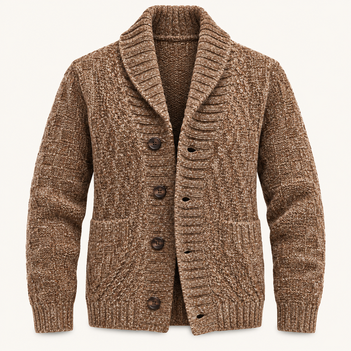A brown cable-knit cardigan sweater with a shawl collar and dark brown buttons, shown on a clean off-white background.