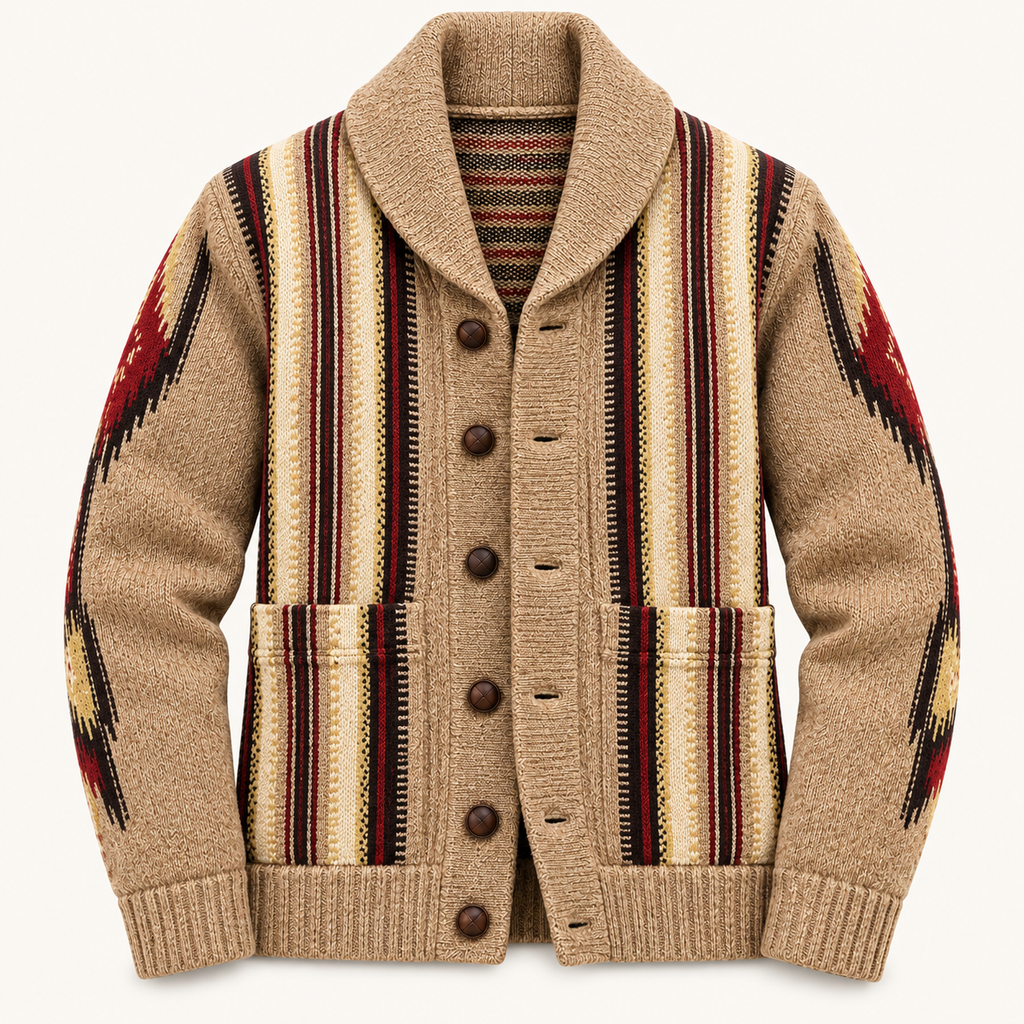 A beige knit cardigan sweater with a shawl collar, dark brown buttons, and a Southwestern pattern featuring vertical stripes and geometric motifs in beige, brown, red, and black.