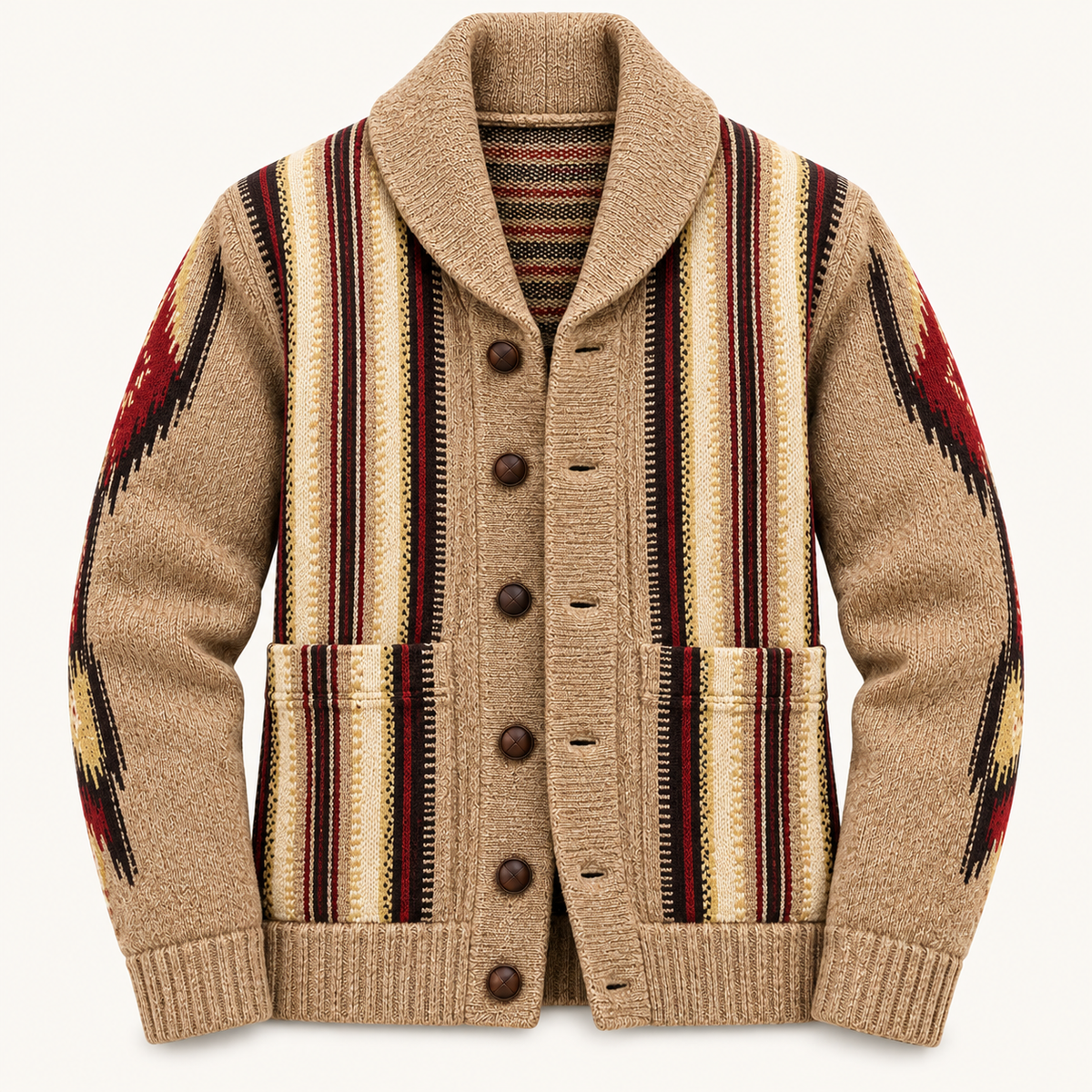 A beige knit cardigan sweater with a shawl collar, dark brown buttons, and a Southwestern pattern featuring vertical stripes and geometric motifs in beige, brown, red, and black.