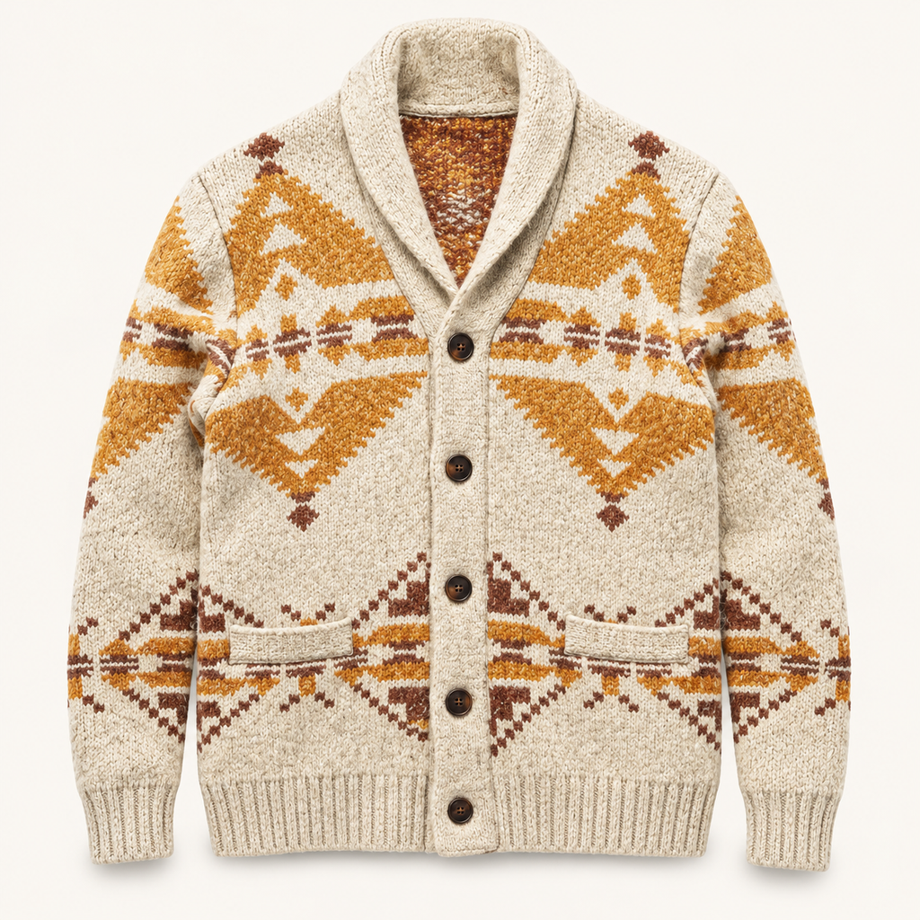 A cream-colored knit cardigan sweater with a brown and ochre orange geometric pattern, featuring a shawl collar, dark brown buttons, and a ribbed hem and cuffs, shown flat on a light off-white background.
