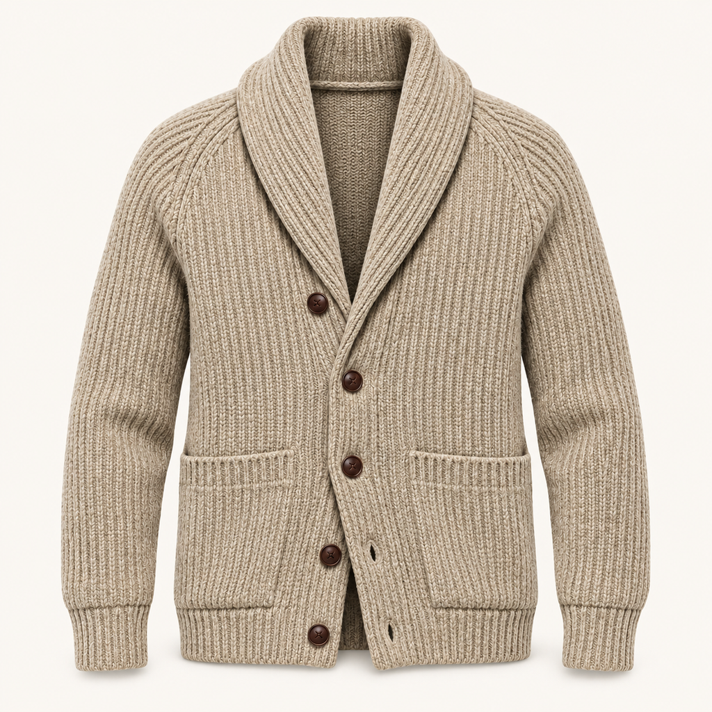 A beige ribbed knit cardigan sweater with a shawl collar, dark brown buttons, and front patch pockets, shown on a clean off-white background.