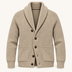 A beige ribbed knit cardigan sweater with a shawl collar, dark brown buttons, and front patch pockets, shown on a clean off-white background.