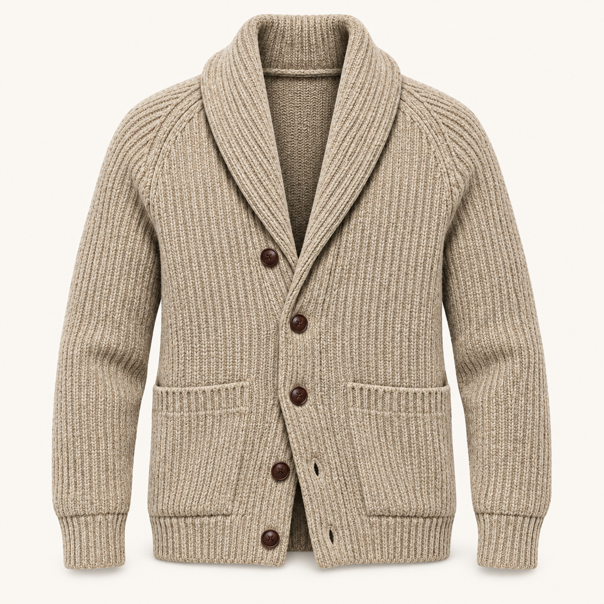 A beige ribbed knit cardigan sweater with a shawl collar, dark brown buttons, and front patch pockets, shown on a clean off-white background.