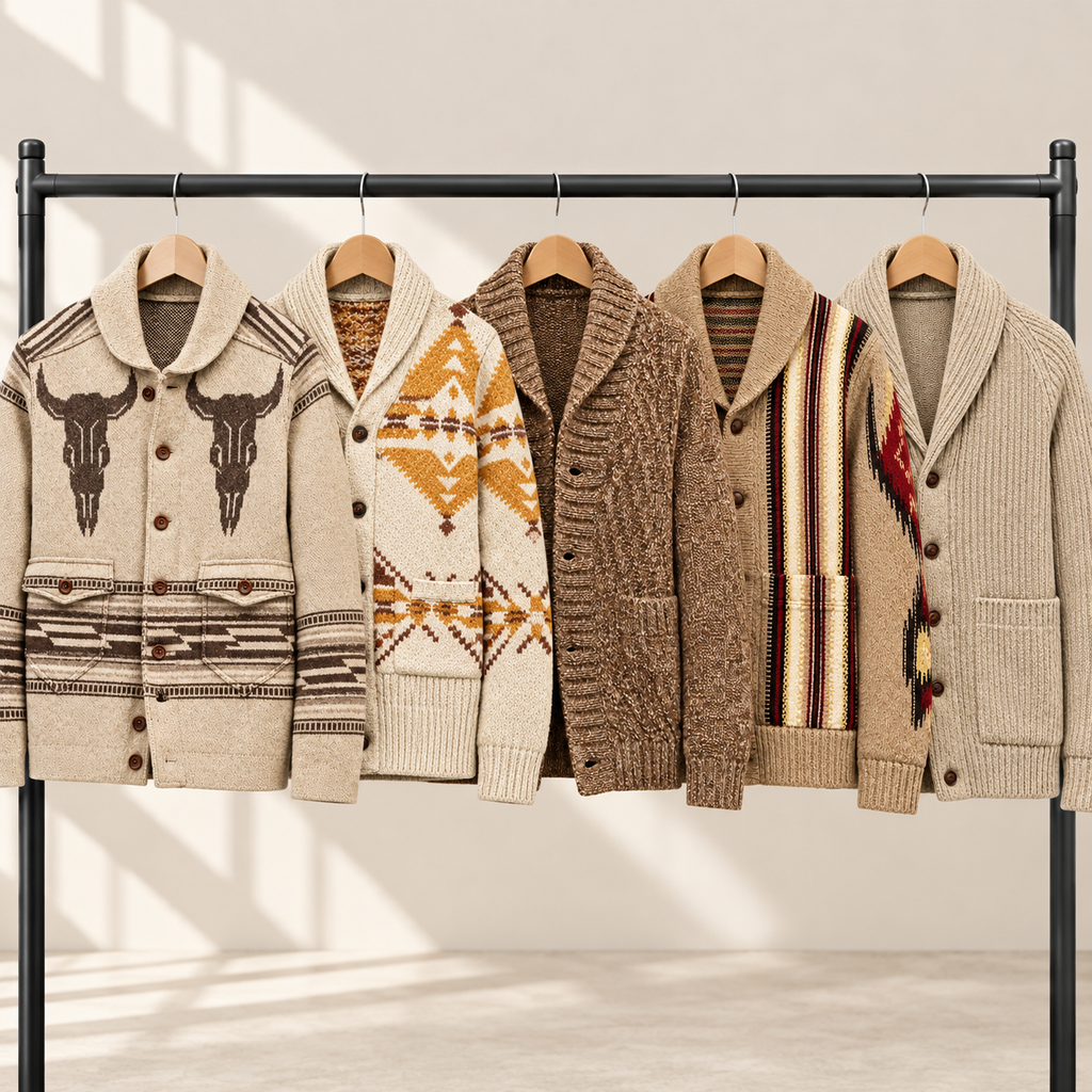 Five knit cardigans in earthy tones hang on a black clothing rack against a light beige wall with soft window shadows. The cardigans include cream, brown, tan, and beige patterns such as geometric motifs, a bull skull design, and striped details.