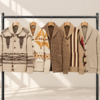 Five knit cardigans in earthy tones hang on a black clothing rack against a light beige wall with soft window shadows. The cardigans include cream, brown, tan, and beige patterns such as geometric motifs, a bull skull design, and striped details.
